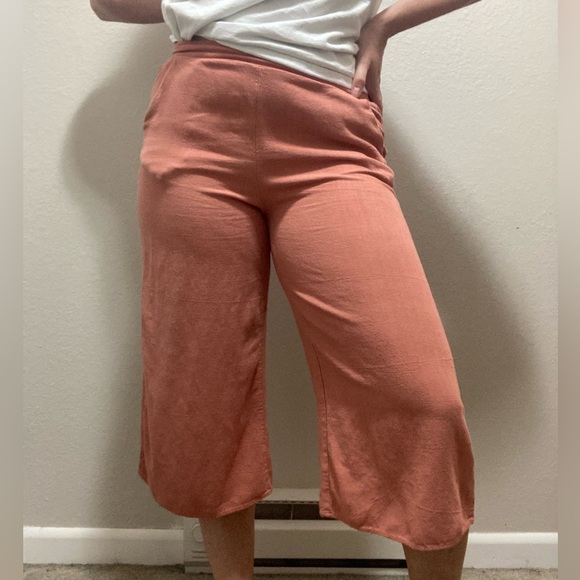 Linen Rayon Blend Rust Culotte Cropped Trousers Size Medium - Picture 1 of 7